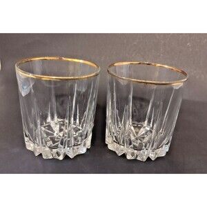 MCM Cut Crystal Barware Old Fashioned Glasses Set of 2 Gold Rim